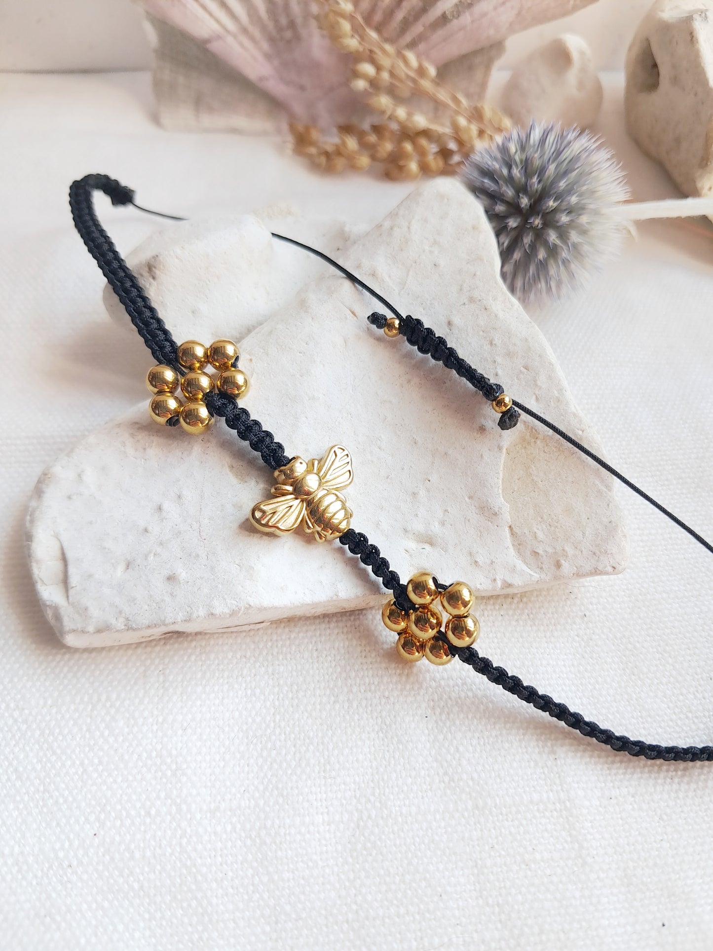 Bracelet shamballa abeille et fleurs en acier inoxydable doré