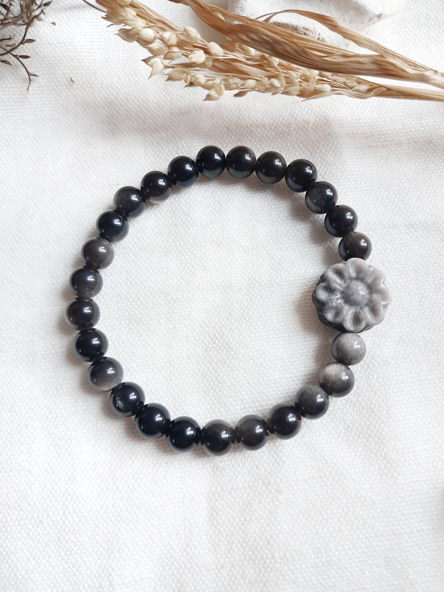 Bracelet fleur de tournesol en obsidienne argentée