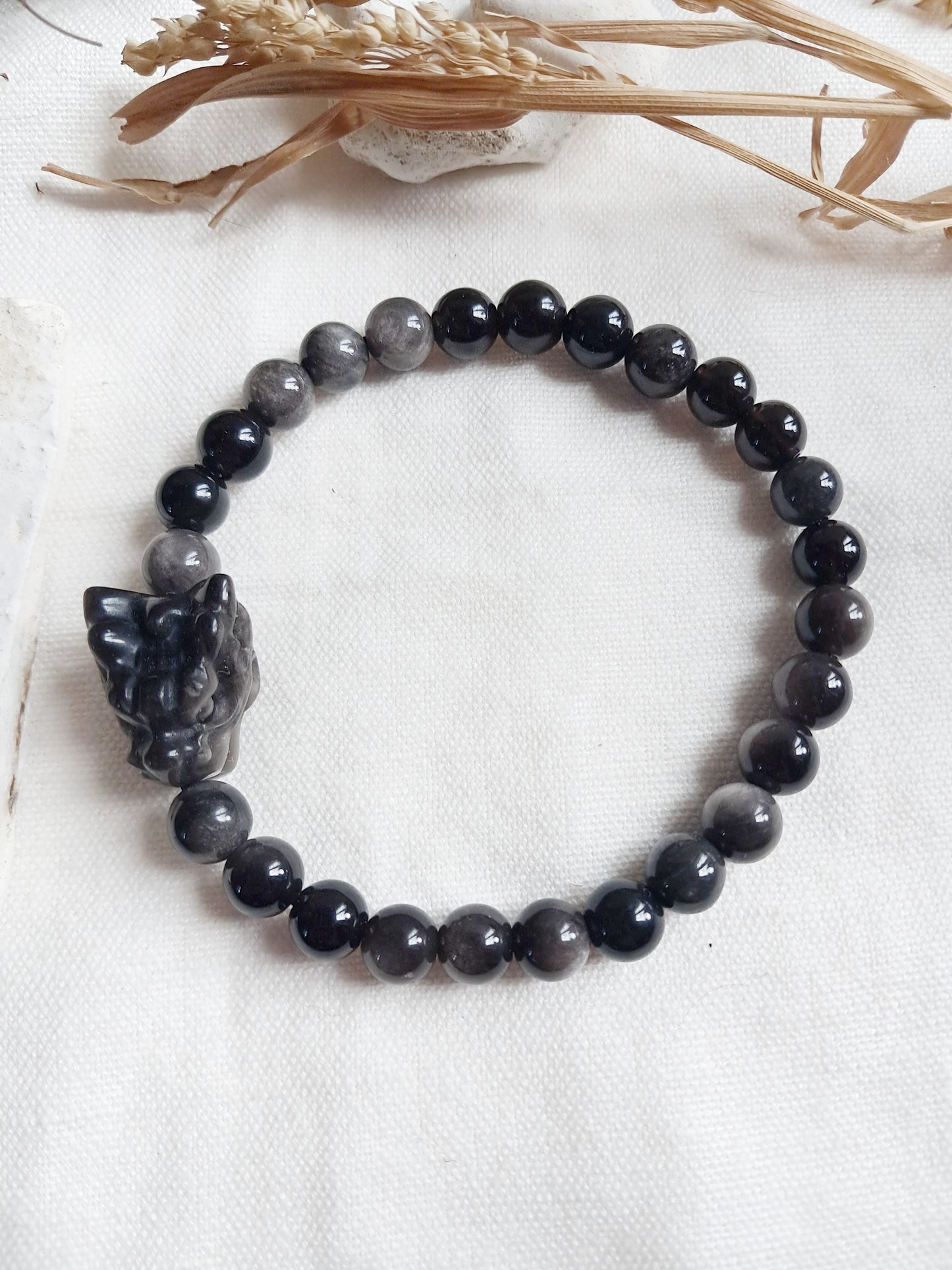 Bracelet dragon en obsidienne argentée