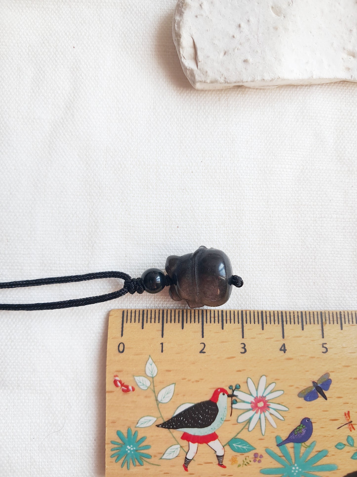 Collier chat de la chance en obsidienne argentée