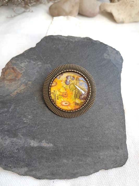 Broche cabochon fleurs de tournesols