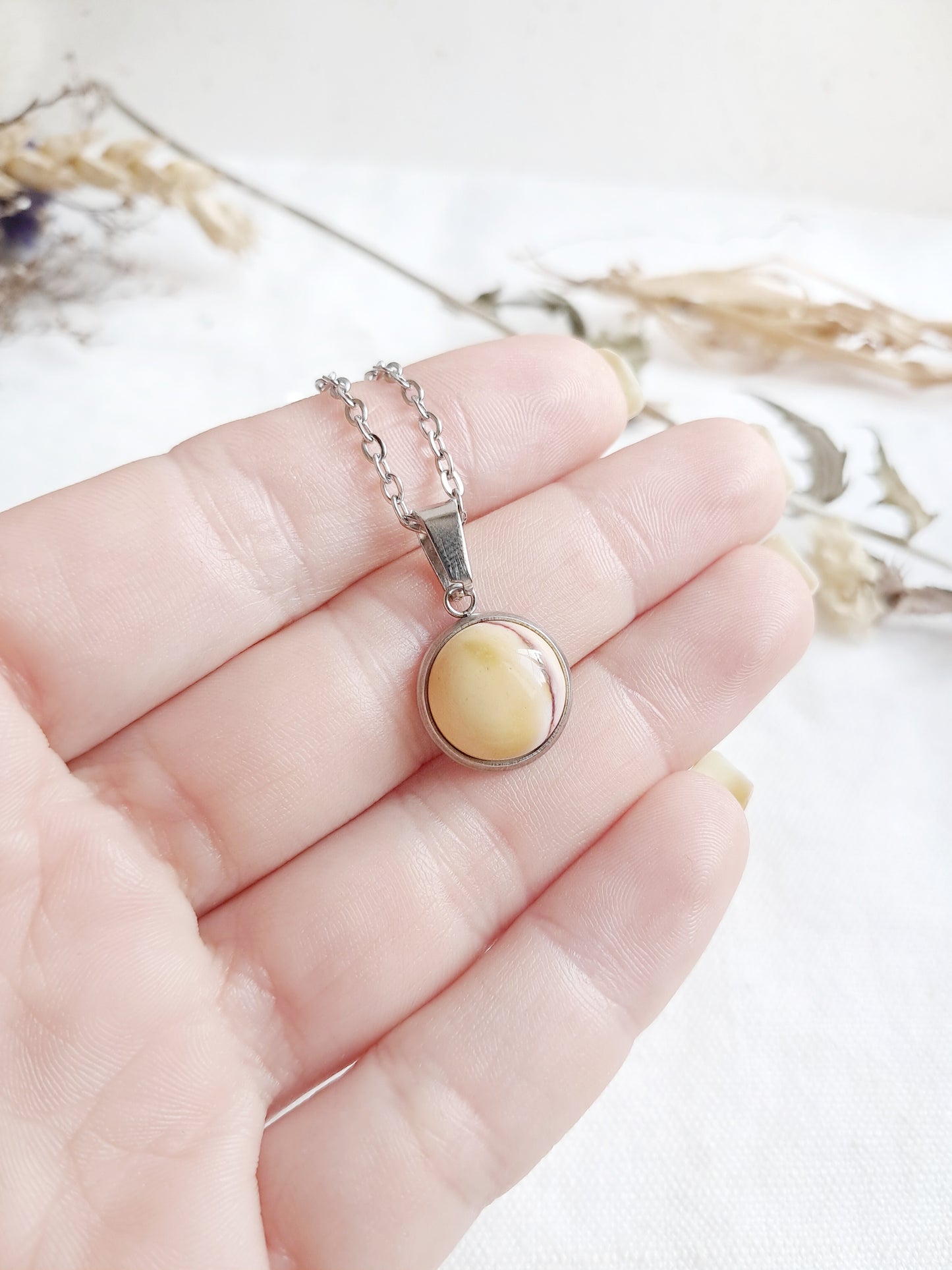 Collier en mookaïte et acier inoxydable