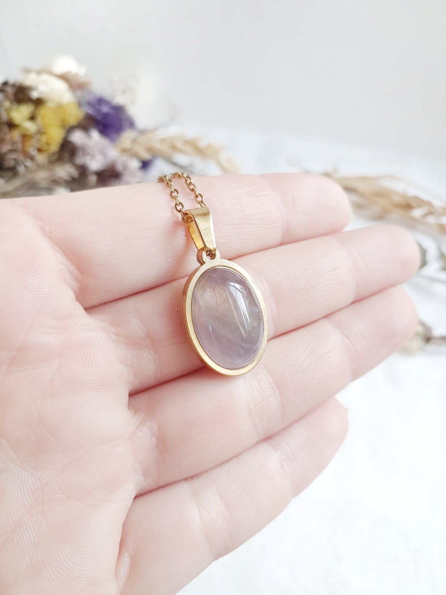 Collier en améthyste et acier inoxydable doré