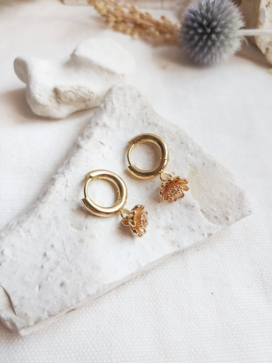 Boucles d'oreilles créoles fleurs en acier inoxydable doré