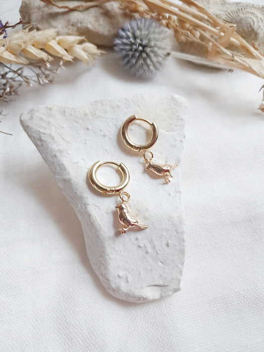 Boucles d'oreilles créoles oiseaux en acier inoxydable doré