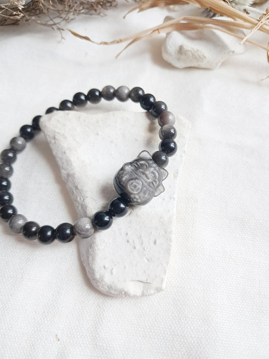Bracelet chat de la chance en obsidienne argentée