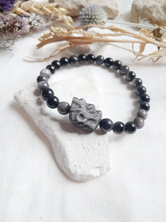 Bracelet dragon en obsidienne argentée