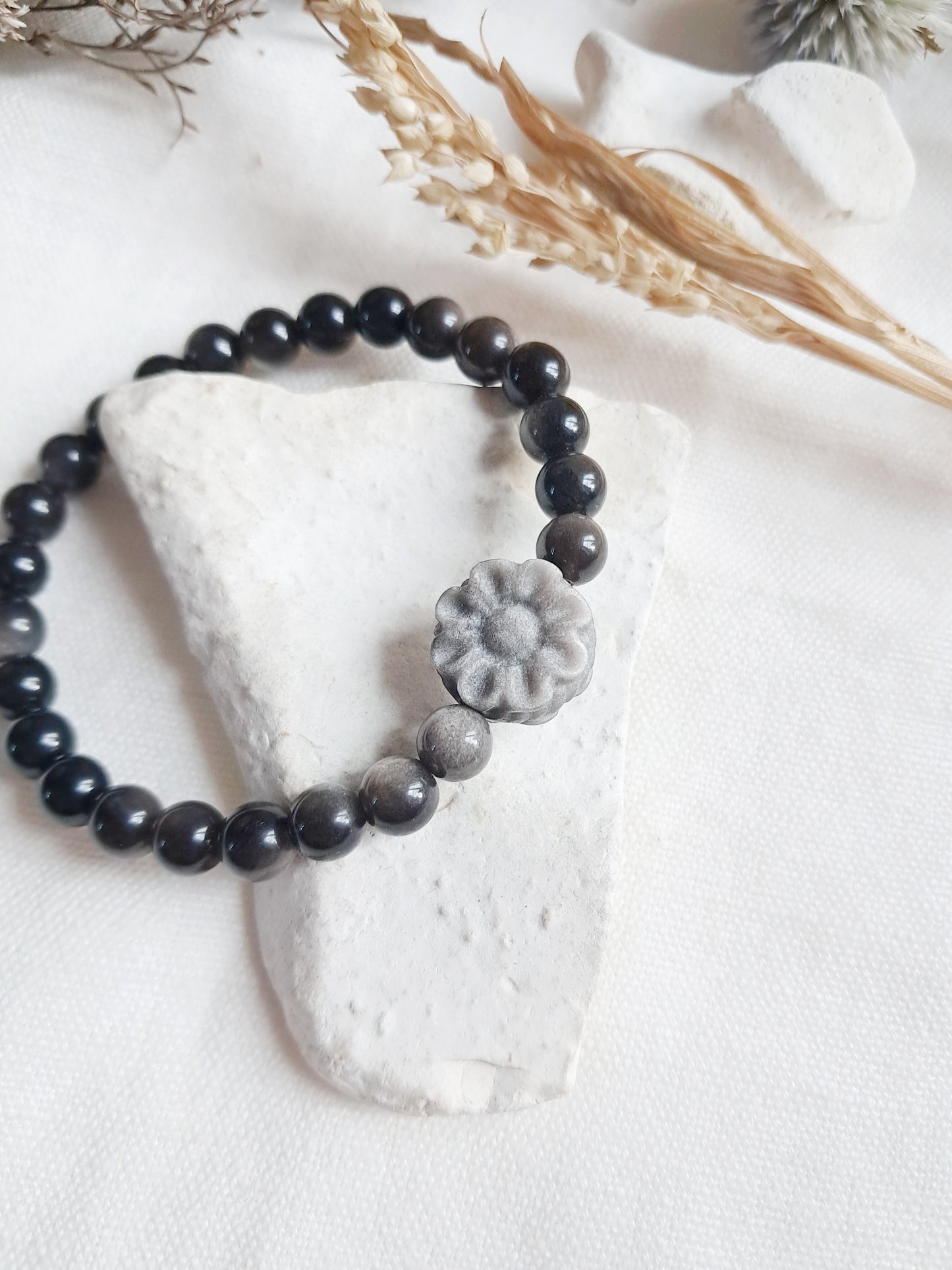Bracelet fleur de tournesol en obsidienne argentée