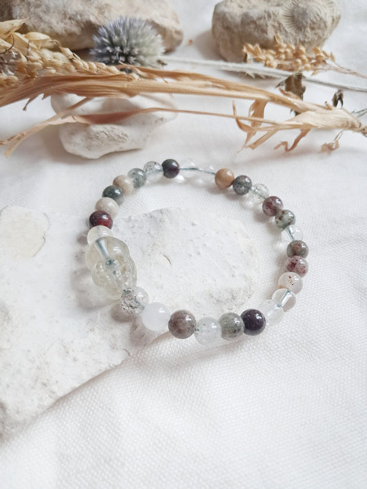 Bracelet perle sculptée pixiu en quartz fantôme