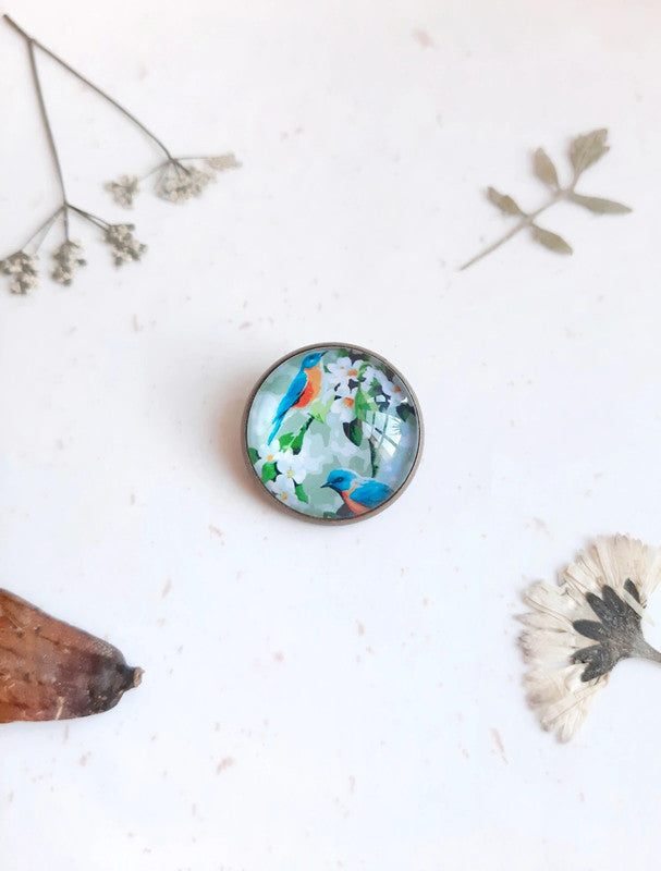 Broche cabochon oiseaux Merlebleu