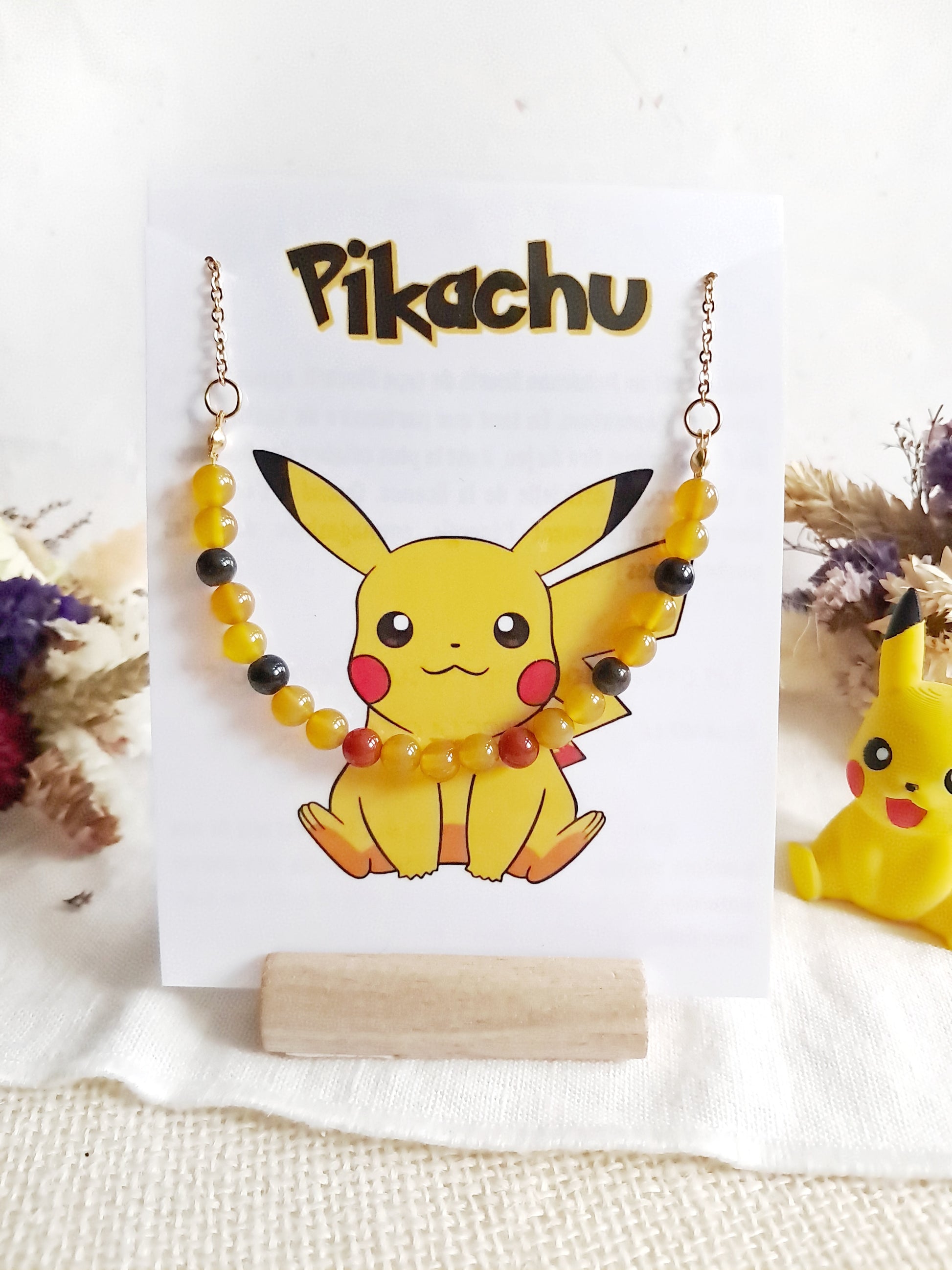 Collier Pikachu en acier inoxydable et pierres naturelles