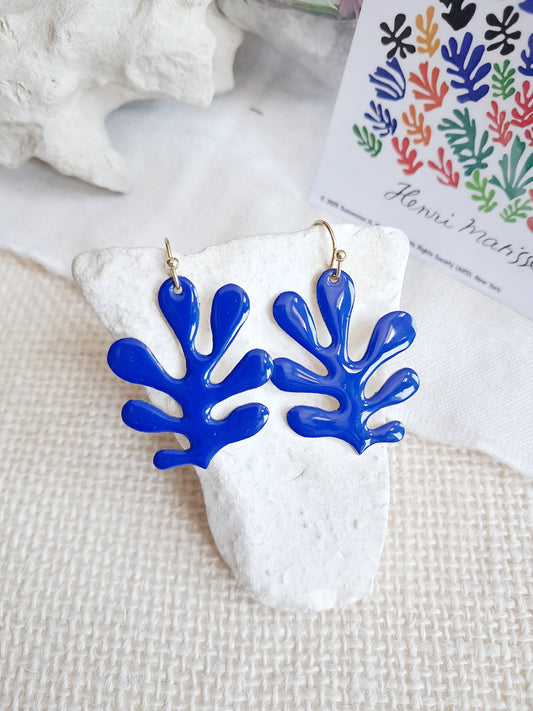Boucles d'oreilles algue corail bleu inspiration Matisse