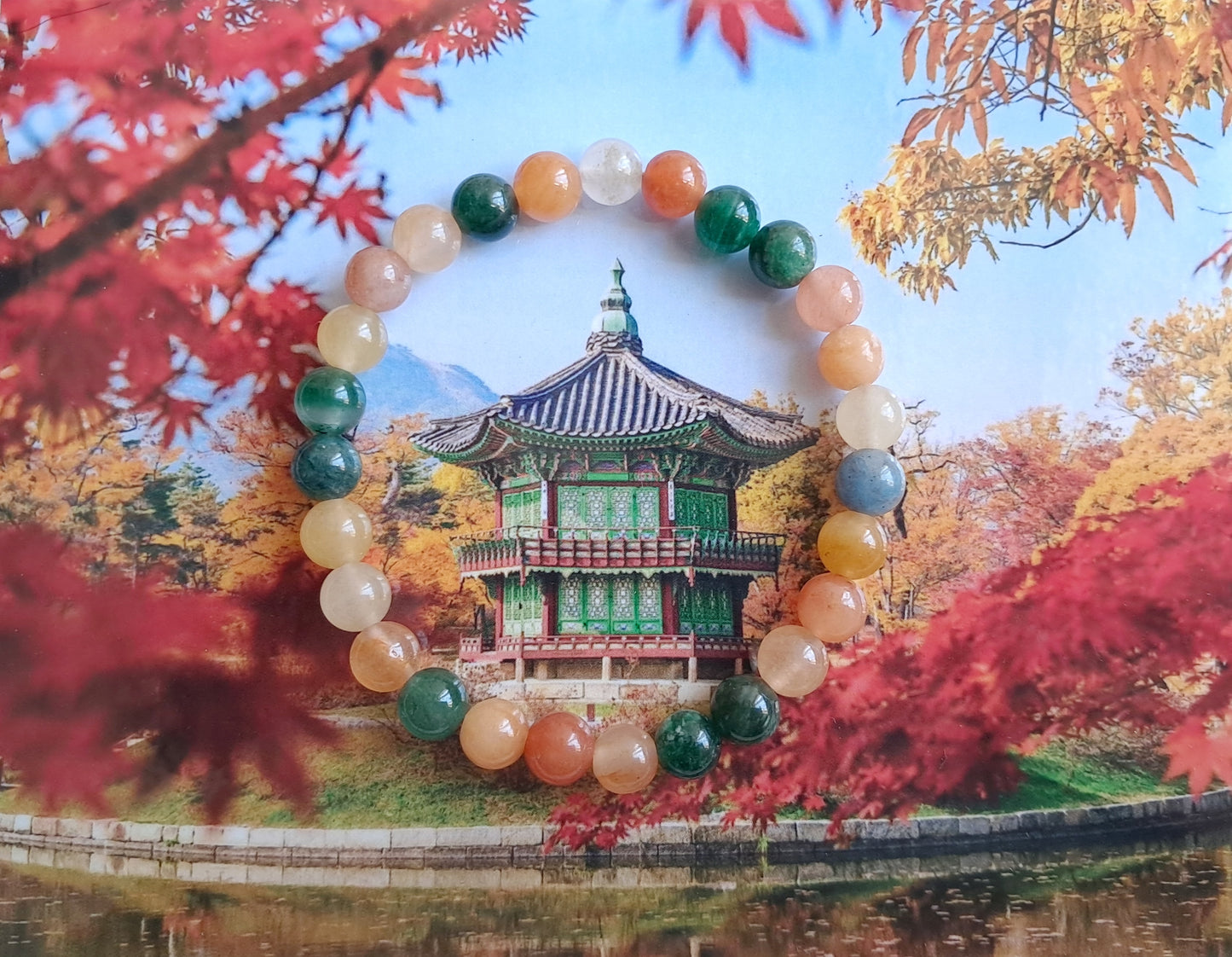Bracelet Hyangwonjeong (향원정)  ou "Pavillon du Lotus" en lépidolite et jade