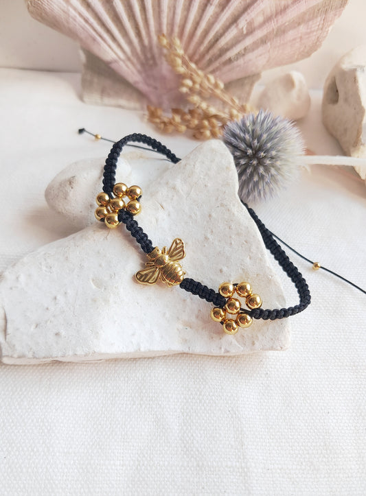 Bracelet shamballa abeille et fleurs en acier inoxydable doré