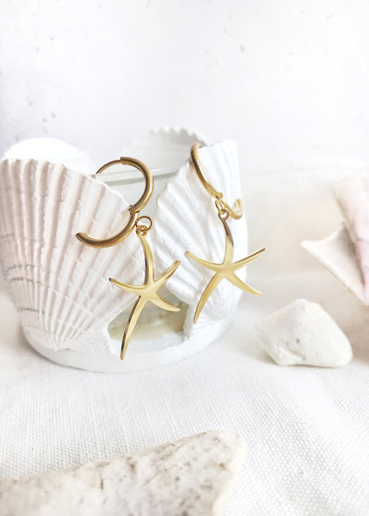 Boucles d'oreilles créoles étoiles de mer en acier inoxydable doré