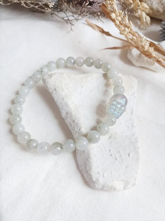 Bracelet perle sculptée pixiu en pierre de lune grise et labradorite