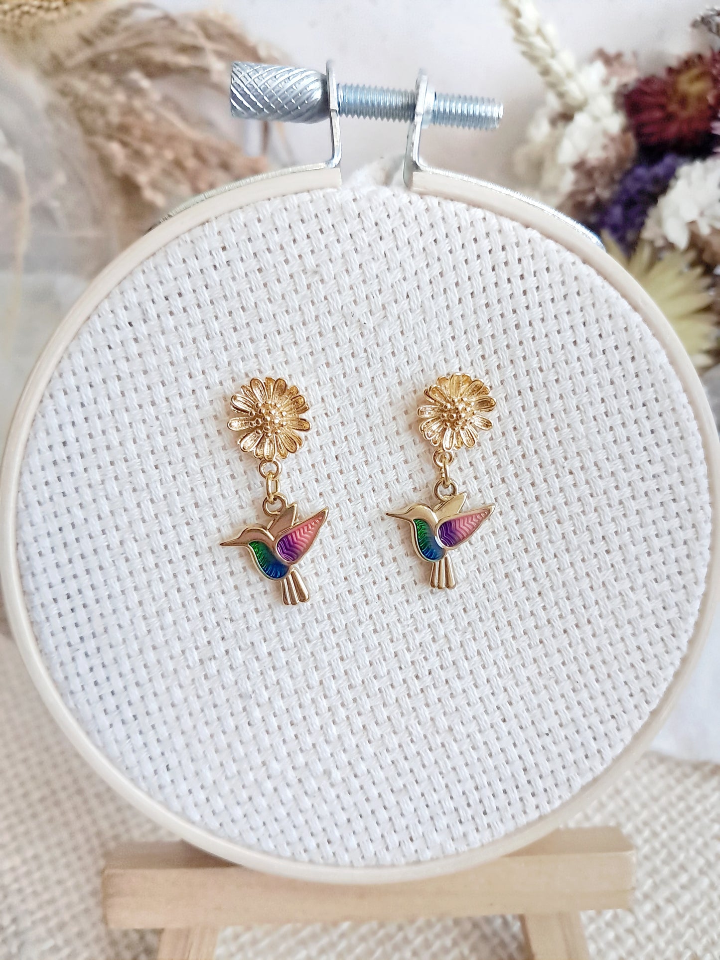 Boucles d'oreilles fleurs et colibris