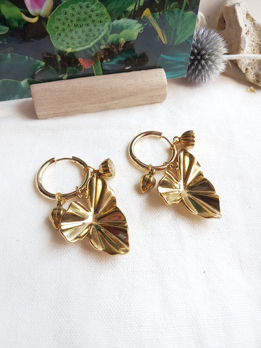 Boucles d'oreilles fleurs de lotus (연꽃) en acier inoxydable