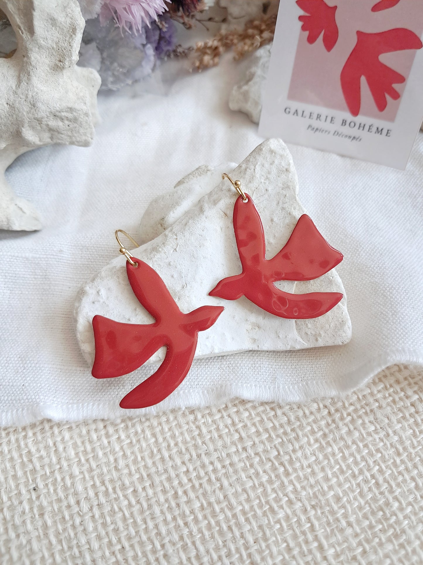 Boucles d'oreilles oiseaux rouges inspirés de Matisse