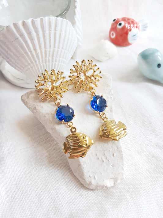 Boucles d'oreilles pendantes corail et poissons