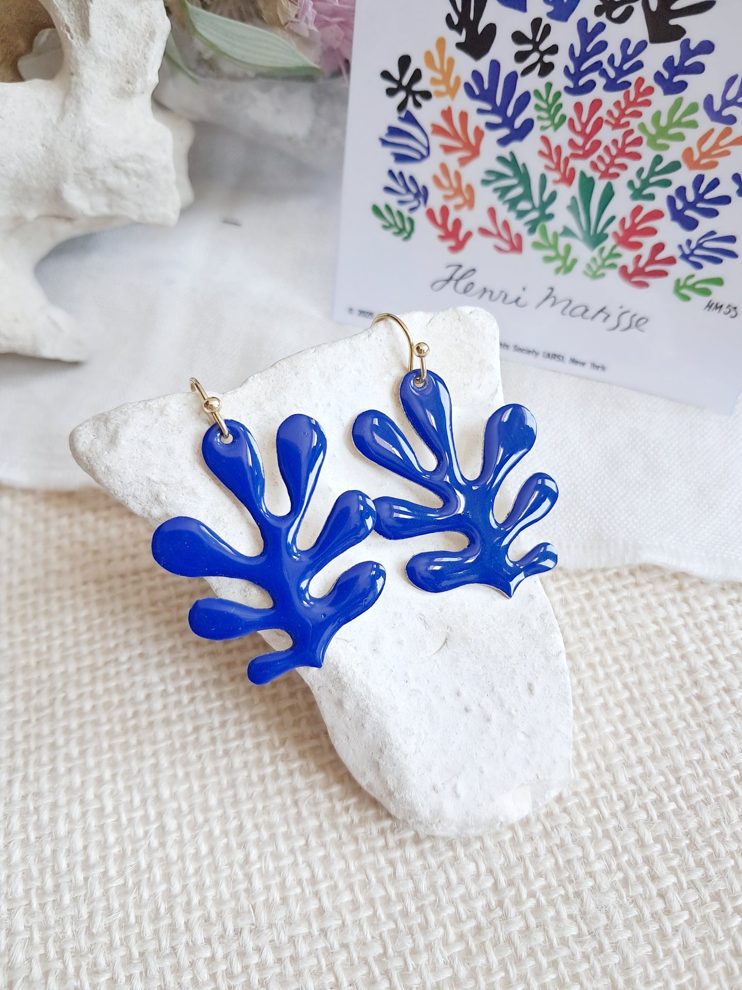 Boucles d'oreilles algue corail bleu inspiration Matisse