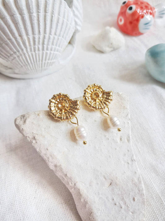 Boucles d'oreilles pendantes coquillages et perles d'eau douce