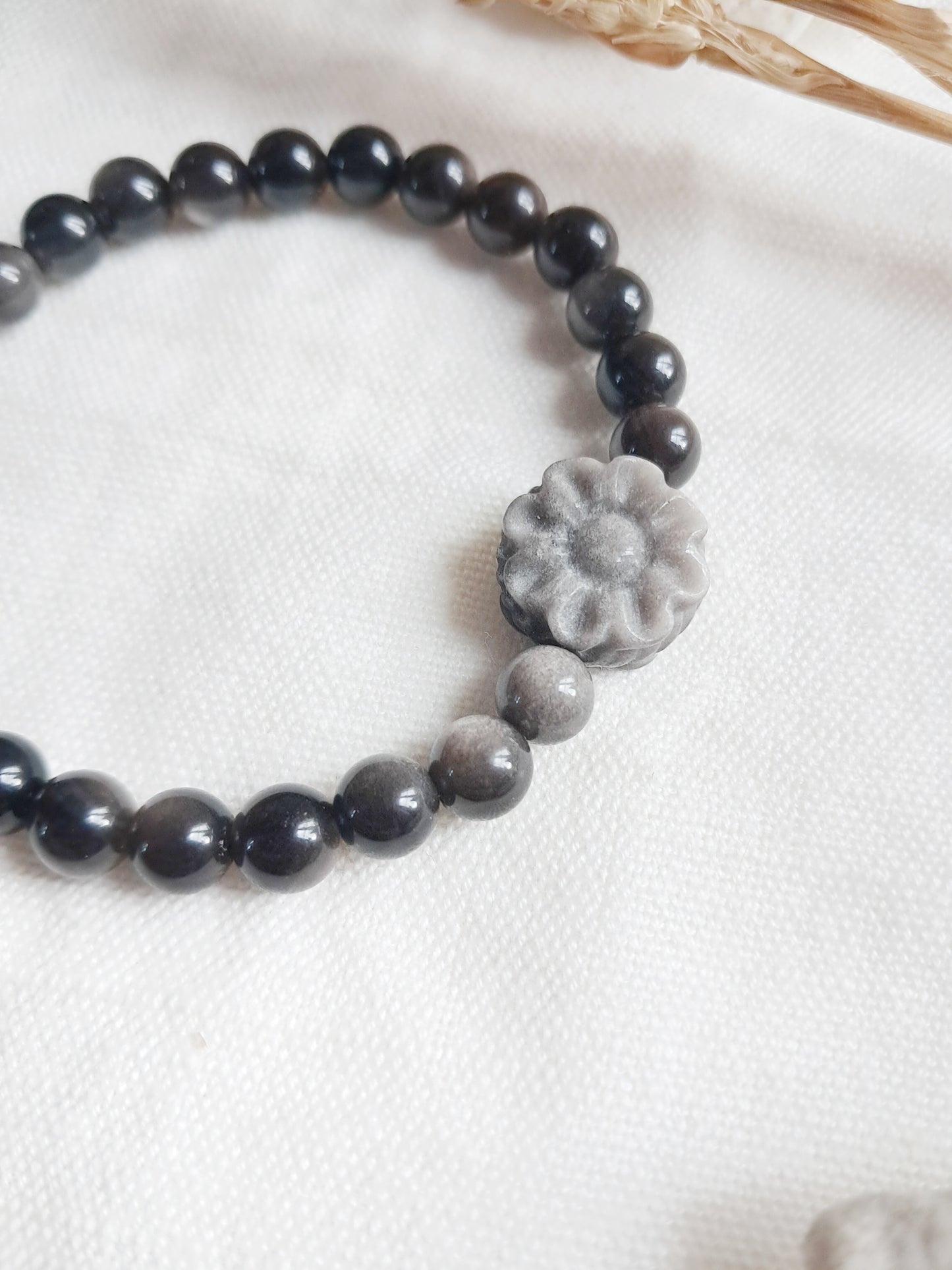 Bracelet fleur de tournesol en obsidienne argentée