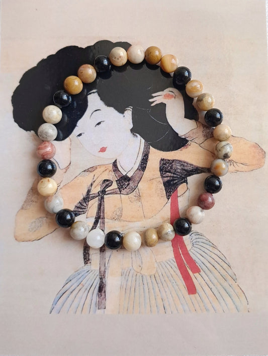 Bracelet Miindo (미인도) « portrait d'une beauté » en agate et obsidienne