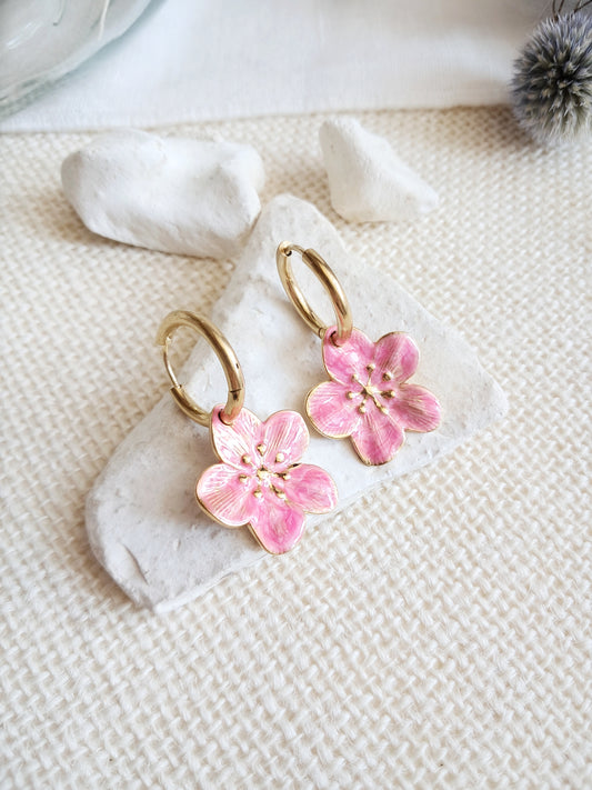 Boucles d'oreilles créoles fleurs roses en acier inoxydable doré