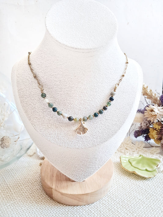 Collier feuille de ginkgo et agate indienne