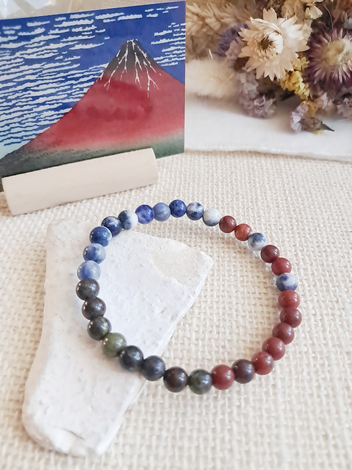 Bracelet de l'estampe "Le Fuji par temps clair" d'Hokusai (perles brillantes) - exposition Nantes 2025