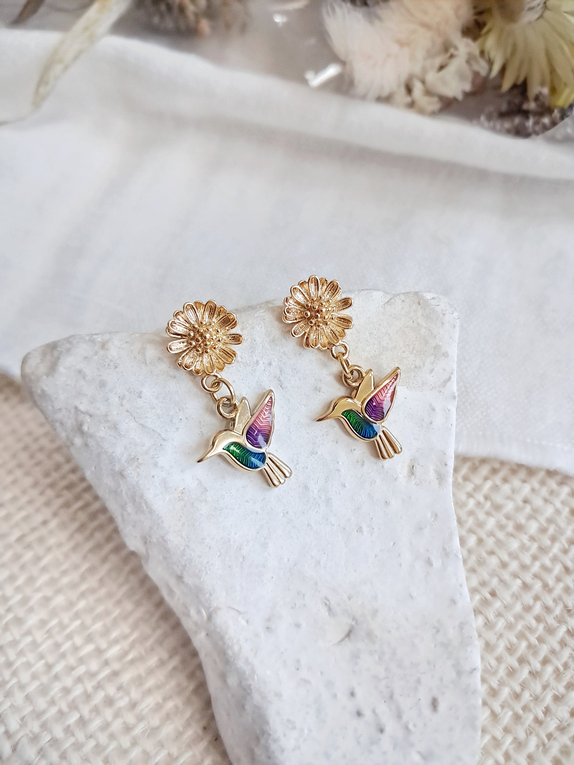 Boucles d'oreilles fleurs et colibris 
