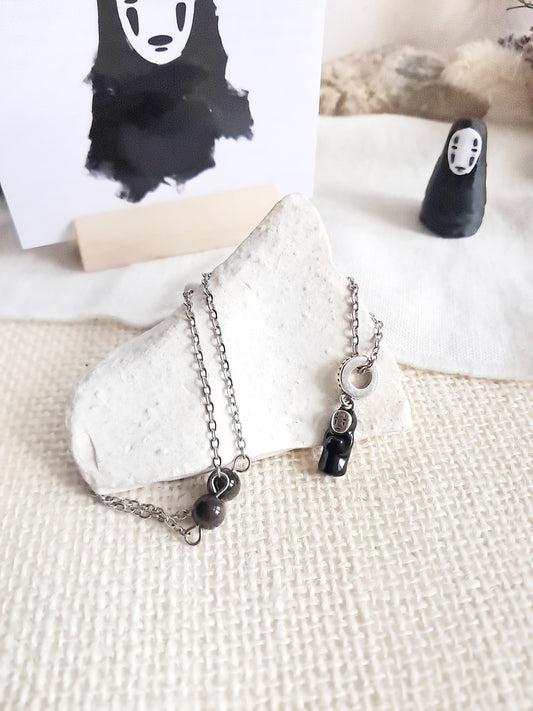 Collier Kaonashi (Sans-visage) en acier inoxydable, pierres naturelles et sa breloque en argent 925