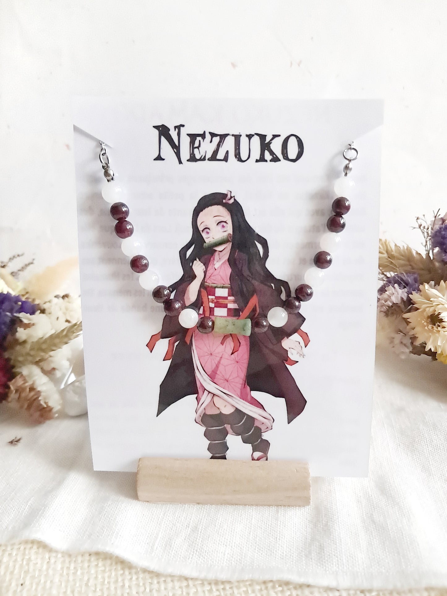 Collier Nezuko en acier inoxydable et pierres naturelles