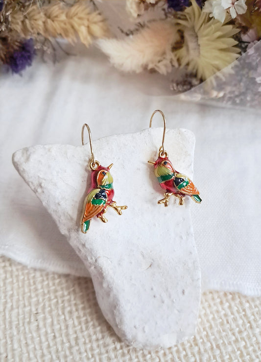 Boucles d'oreilles oiseaux multicolore en acier inoxydable doré
