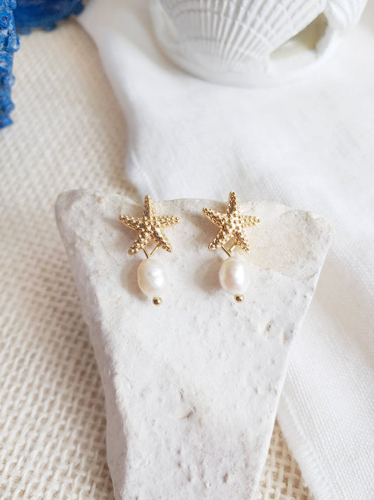 Boucles d'oreilles pendantes étoiles de mer et perles d'eau douce