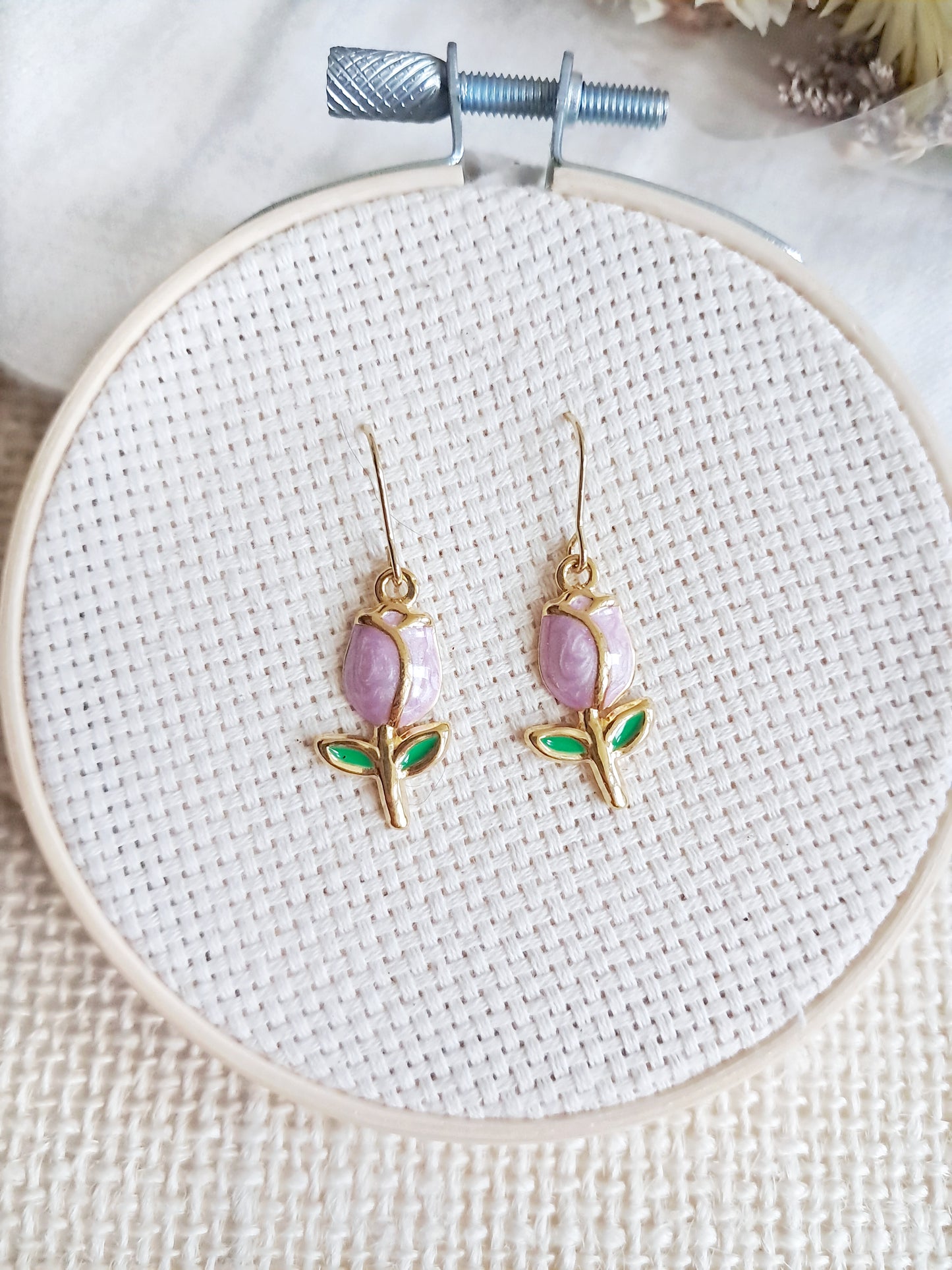 Boucles d'oreilles tulipes roses en acier inoxydable doré