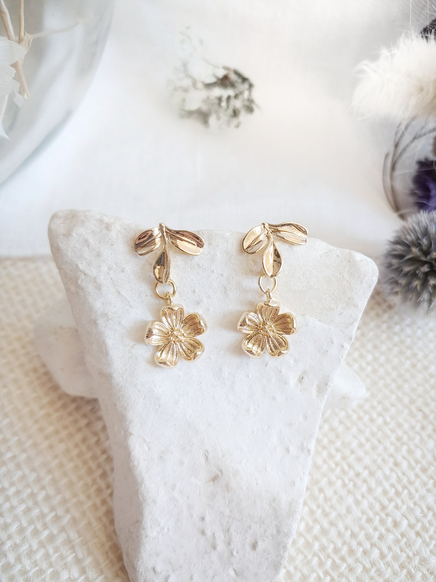 Boucles d'oreilles feuilles et fleurs de cerisier