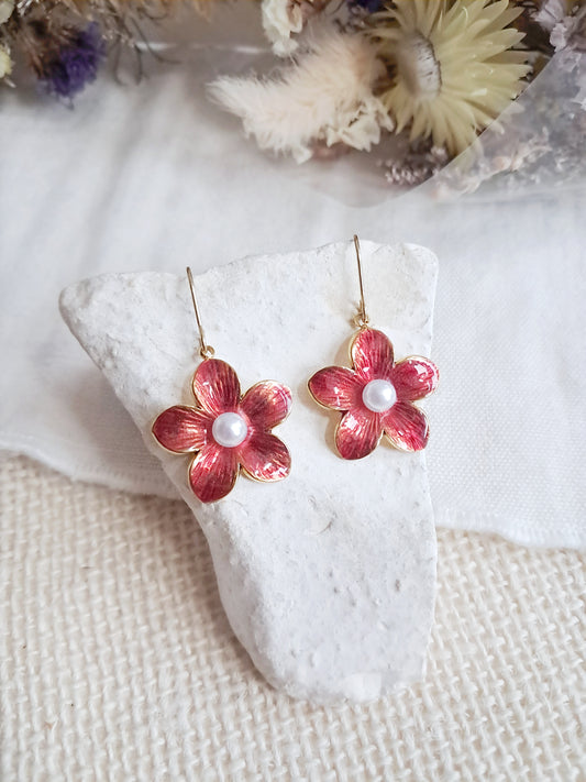 Boucles d'oreilles fleurs rouges en acier inoxydable doré
