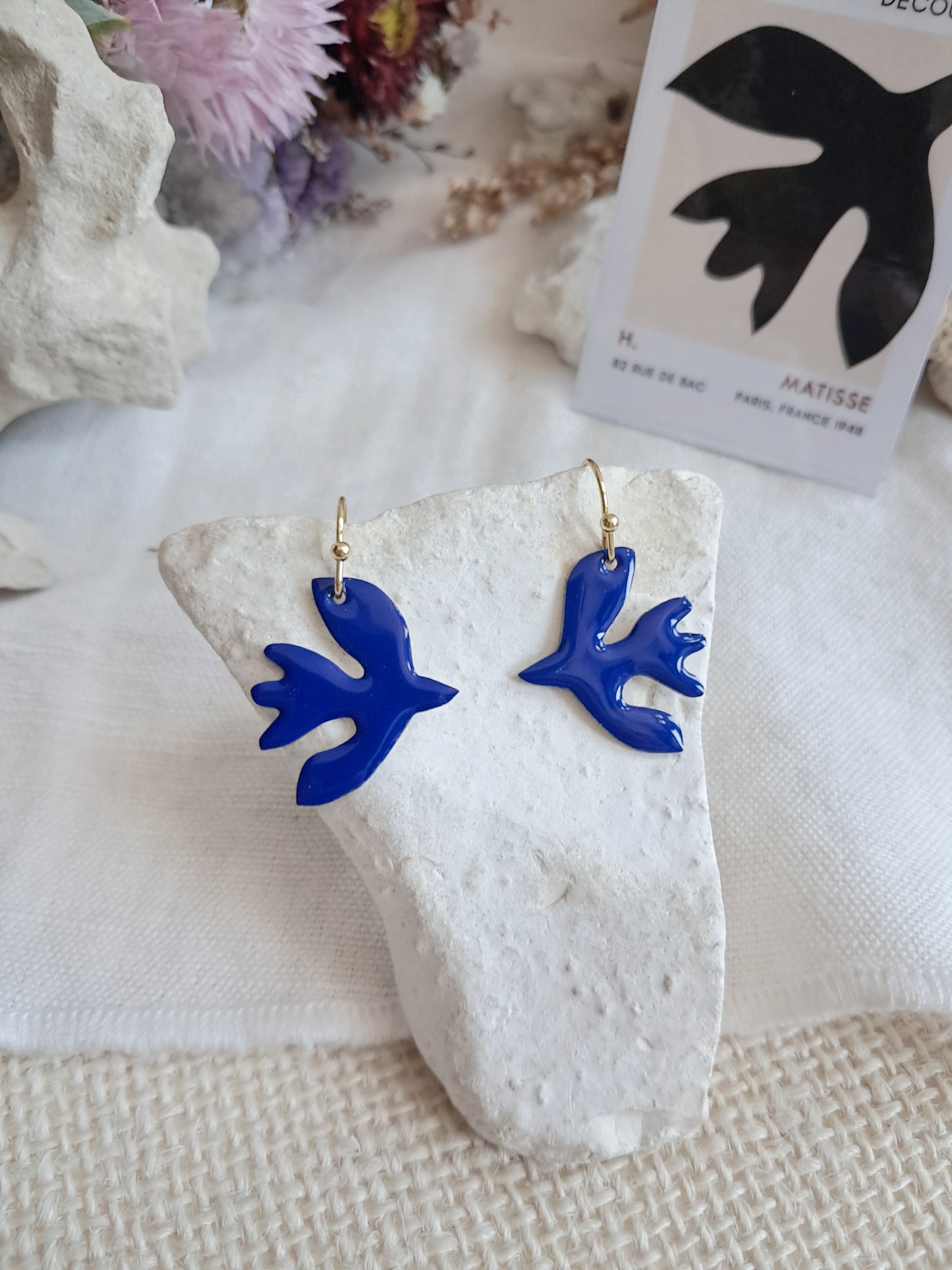 Boucles d'oreilles oiseaux bleus inspirés de Matisse
