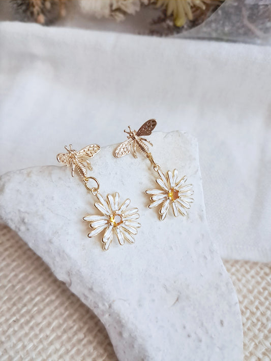 Boucles d'oreilles abeilles et fleurs 