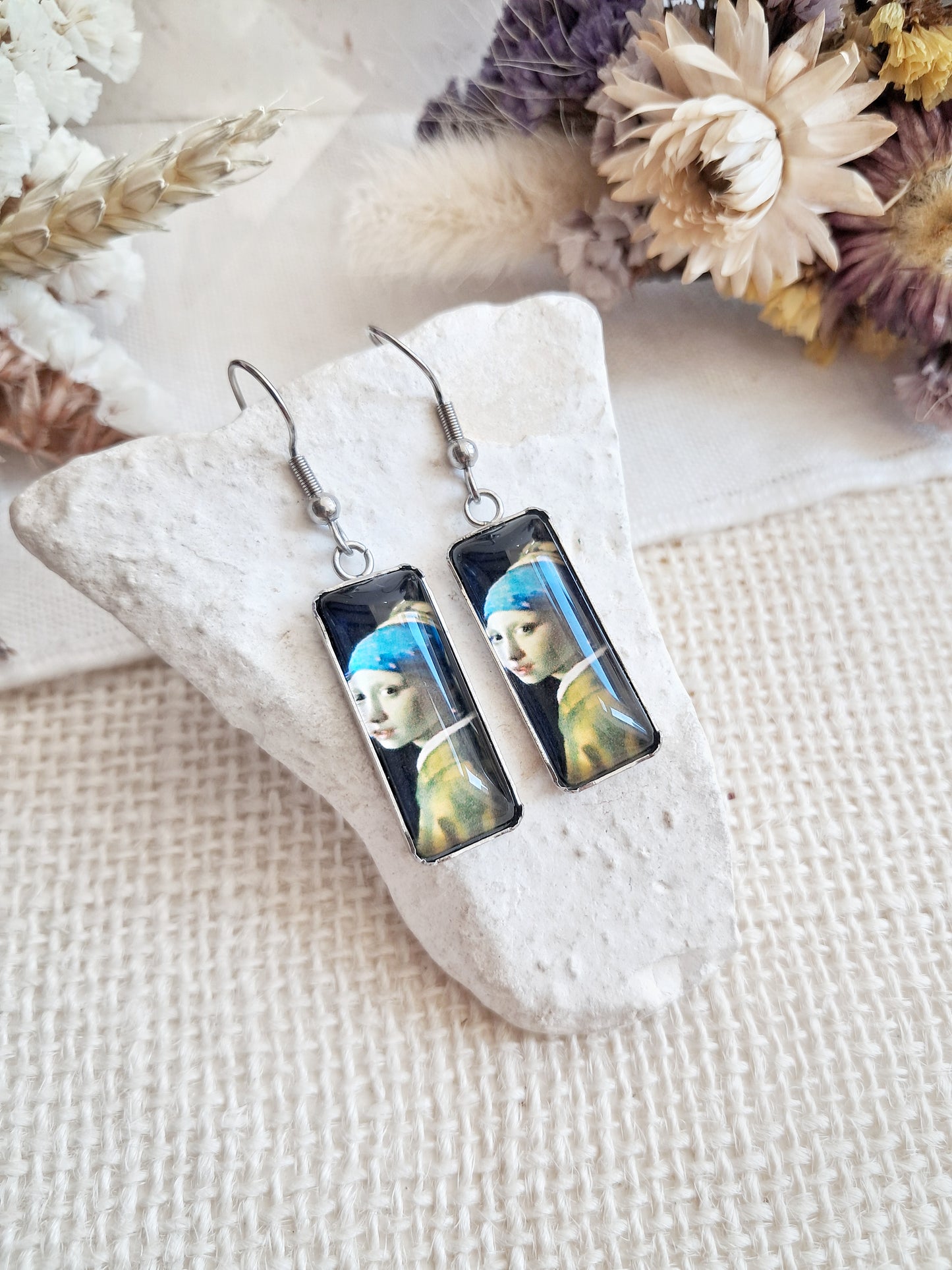 Boucles d'oreilles rectangulaires "La jeune fille à la perle" de Vermeer