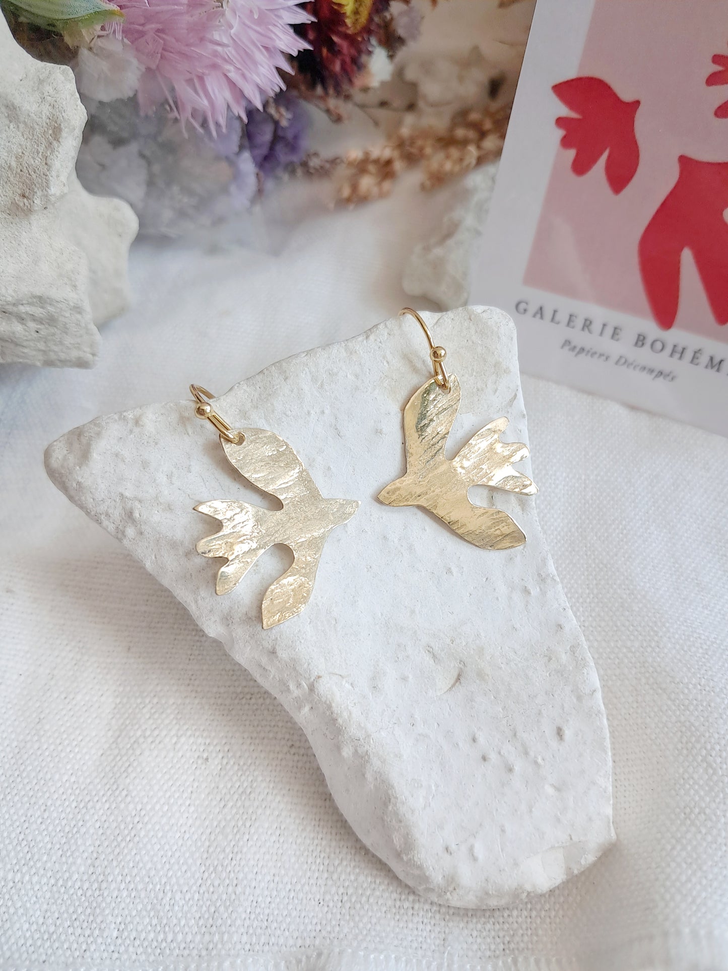 Boucles d'oreilles oiseaux dorés inspirés de Matisse