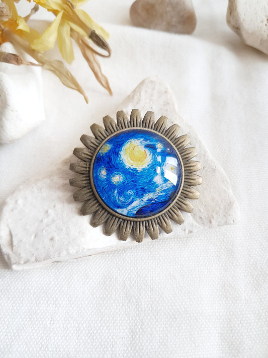 Broche cabochon fleur "La nuit étoilée" de Van Gogh