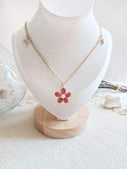 Collier fleur rouge et abeilles en acier inoxydable