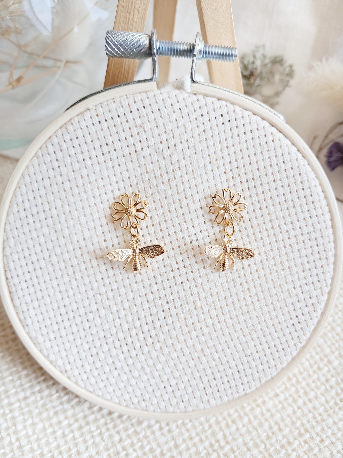 Boucles d'oreilles fleurs de cerisier et abeilles