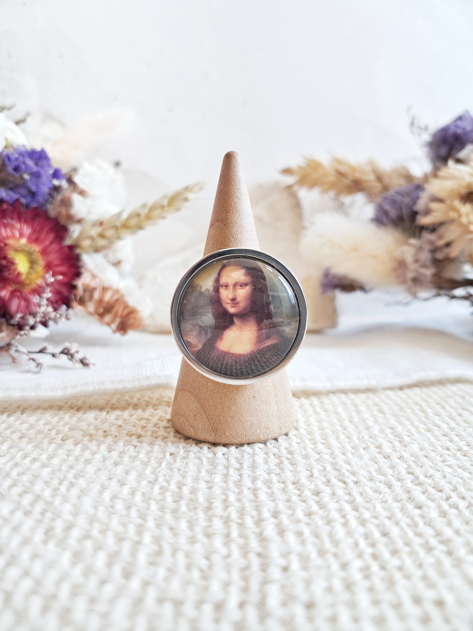 Bague ajustable La Joconde de Léonard de Vinci en acier inoxydable 