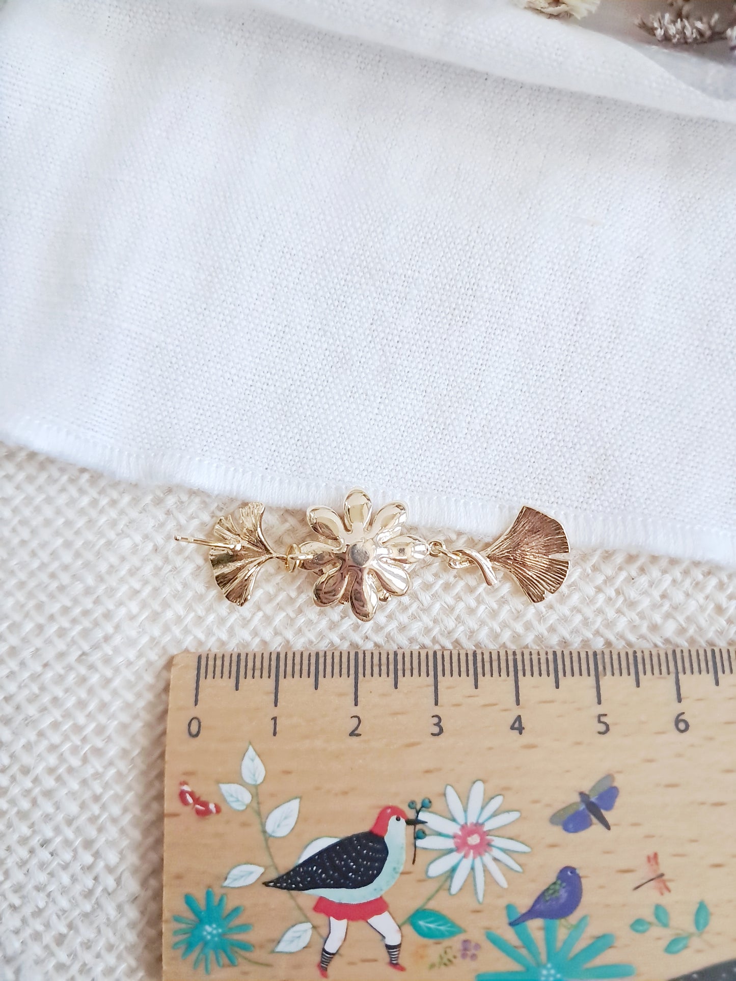 Boucles d'oreilles feuilles de ginkgo et fleurs de lotus
