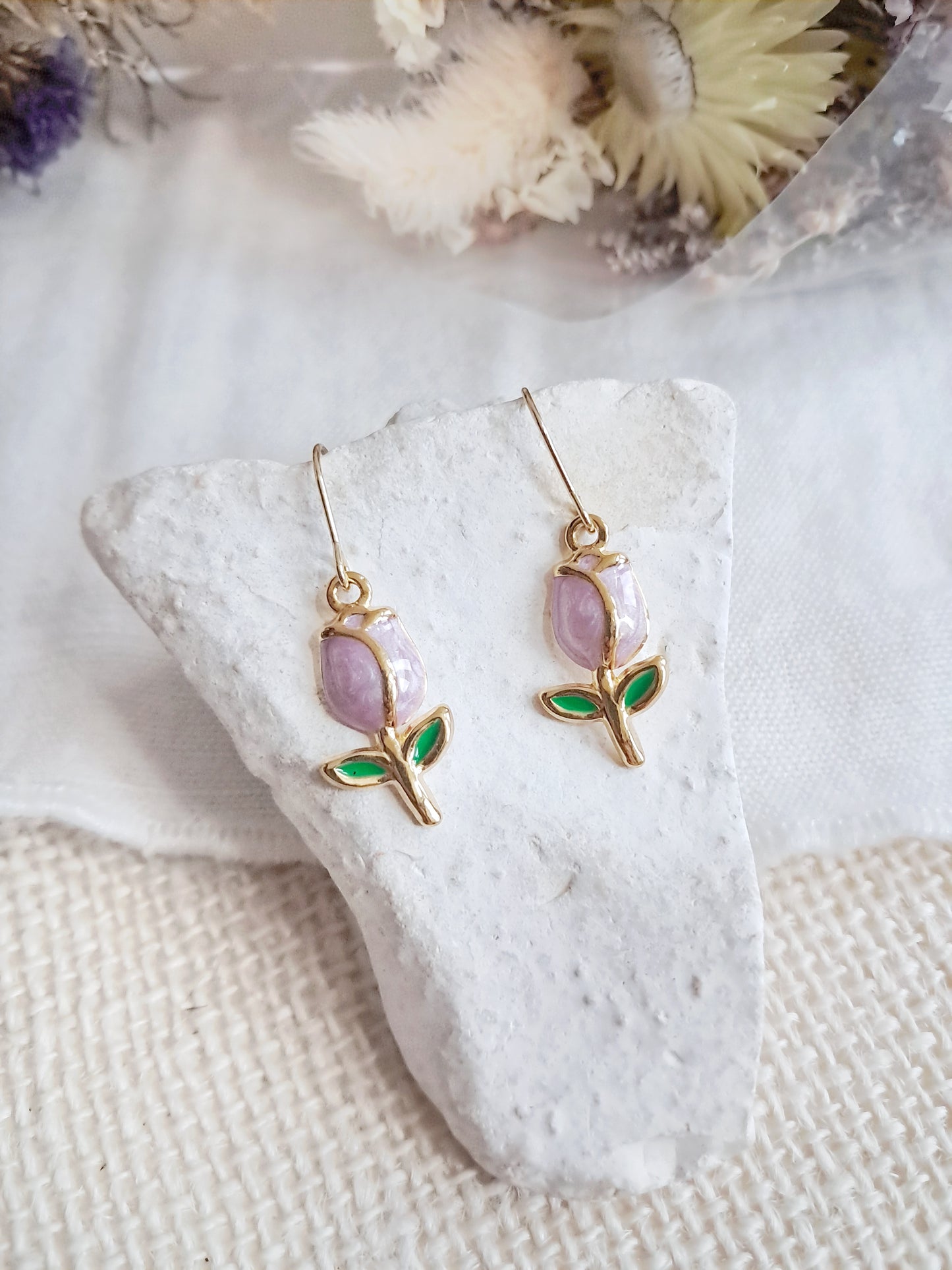 Boucles d'oreilles tulipes roses en acier inoxydable doré