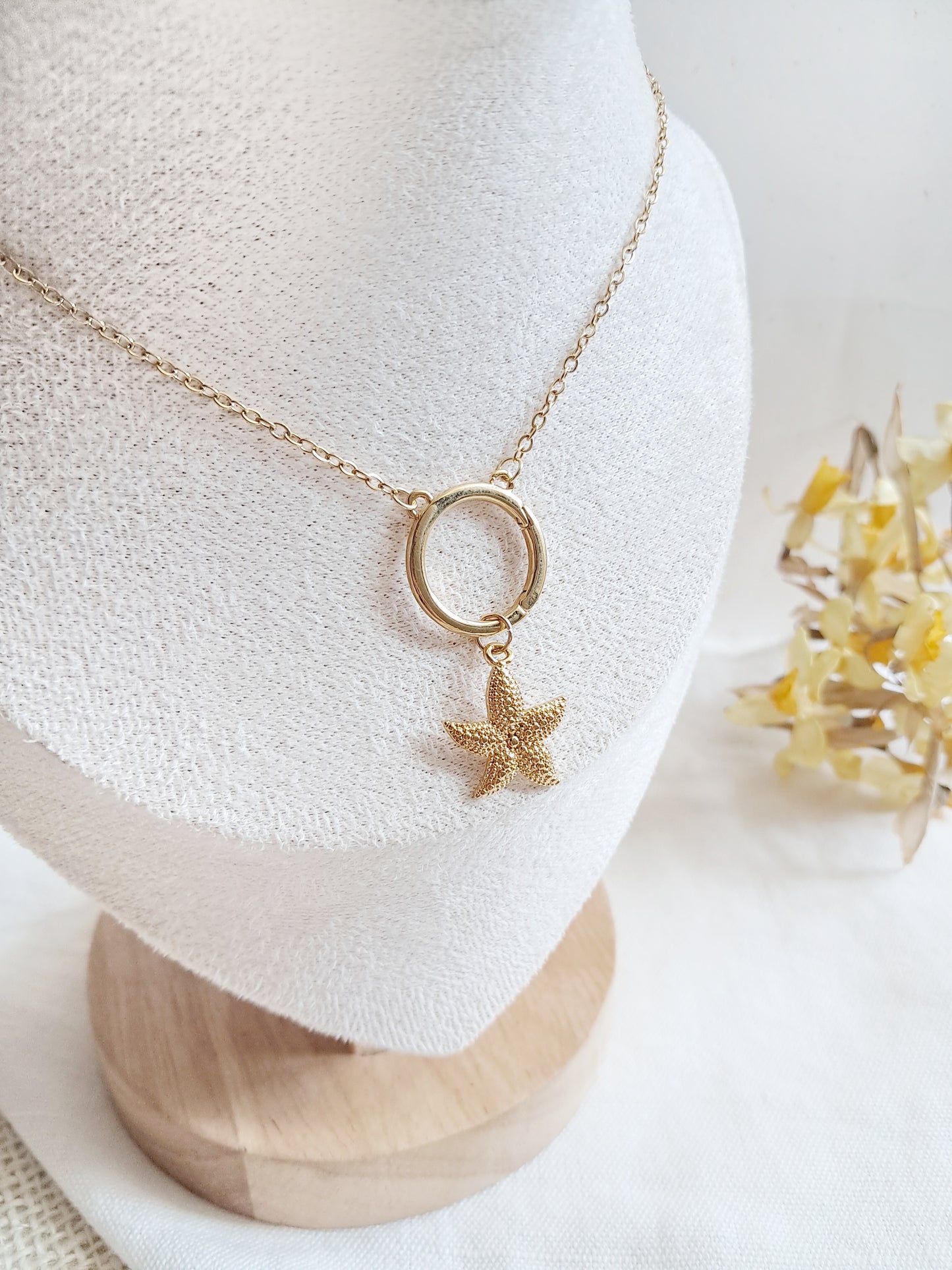 Collier anneau étoile de mer en acier inoxydable doré